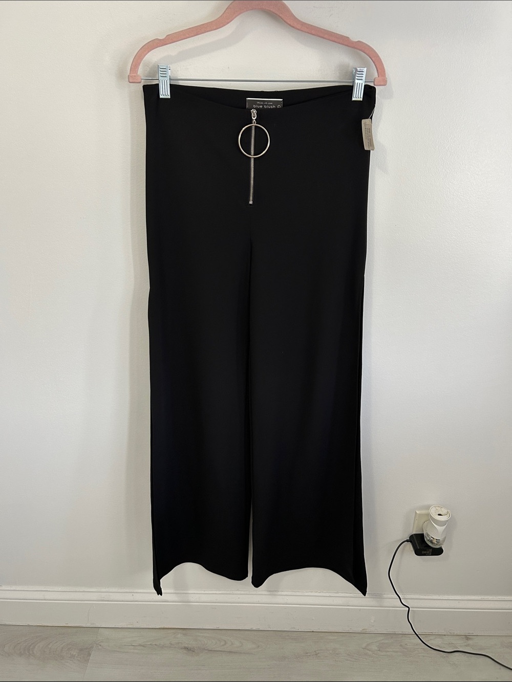 Blue Blush Black Slit Leg Zipper Pull Wide Leg Pants